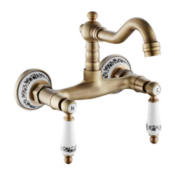 Basin Taps Antique Brass Wall Mounted Kitchen Bathroom Sink Tap Dual Handle Dual Hole Swivel Spout Hot Cold Water Tap