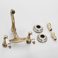 Basin Taps Antique Brass Wall Mounted Kitchen Bathroom Sink Tap Dual Handle Dual Hole Swivel Spout Hot Cold Water Tap