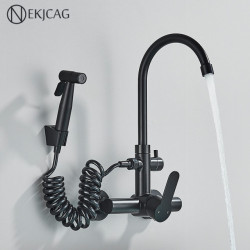 Matte Black Wall Mounted Kitchen Tap Stainless Steel 304 Bathroom Sink Tap With Bidet Rotatable Cold And Hot Mixer Crane