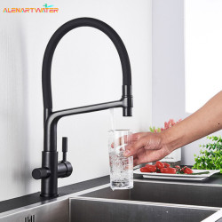 Filter Kitchen Tap Black Dual Spout Drinking Water Tap Mixer 360 Degree Rotation Hot Cold Water Purification Feature Tap