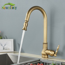 Antique Brass Europe Kitchen Tap Deck Mount Free Rotation Pull Out Soft Water Wash Hot Cold Mixer Crane Taps