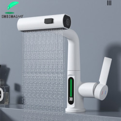 Waterfall Pull Out Kitchen Tap White Intelligent Digital Display Cold Hot Mixer Taps Rotatable Sink Lifting Basin Tap