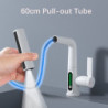 Waterfall Pull Out Kitchen Tap White Intelligent Digital Display Cold Hot Mixer Taps Rotatable Sink Lifting Basin Tap