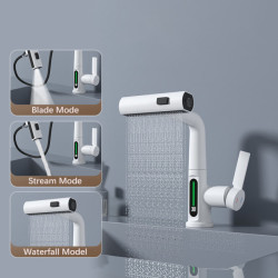 Waterfall Pull Out Kitchen Tap White Intelligent Digital Display Cold Hot Mixer Taps Rotatable Sink Lifting Basin Tap