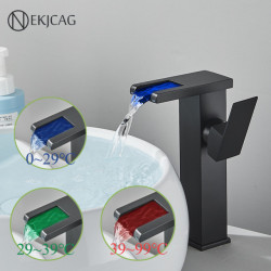 LED Bathroom Basin Tap Waterfall Outlet Black Cold And Hot Mixer Deck Installation Crane Kitchen Sink Tap With Light