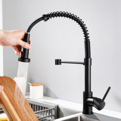 Black and Chromed Spring Pull Down Kitchen Sink Tap Hot and Cold Water Mixer Crane Tap with Dual Spout Deck Mounted