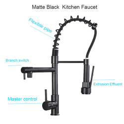 Black Pull Down Brass Kitchen Sink Tap Hot Cold Water Mixer Crane Tap with Dual Spout 360 Rotation High Tap Deck Mounted