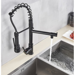 Black Pull Down Brass Kitchen Sink Tap Hot Cold Water Mixer Crane Tap with Dual Spout 360 Rotation High Tap Deck Mounted