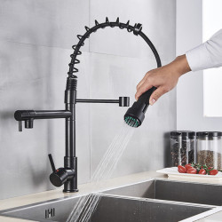 Black Pull Down Brass Kitchen Sink Tap Hot Cold Water Mixer Crane Tap with Dual Spout 360 Rotation High Tap Deck Mounted