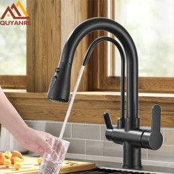 Quyanre Matte Black Filtered Crane For Kitchen Pull Out Spray 360 Rotation Water Filter Tap Three Ways Sink Mixer Kitchen Tap