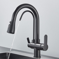 Quyanre Matte Black Filtered Crane For Kitchen Pull Out Spray 360 Rotation Water Filter Tap Three Ways Sink Mixer Kitchen Tap