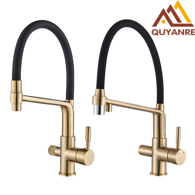 Brushed Gold Kitchen Tap Filtered Water Dual Spout Purification Feature Kitchen Tap 360 Rotation Water Crane For Kitchen