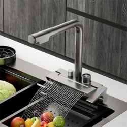 Waterfall Tap 3 Effluent Modes Tap Kitchen Basin Sink Single Hole Pull-out With Digital Display All Copper Kitchen Tap